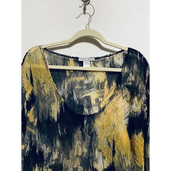 Alberto Makali Top Womens Large Yellow Black Artsy Boho Crinkly Flowy Sheer Boho - Picture 2 of 6